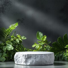 an empty white stone cylinder pedestal podium with a shadow and a palm leaf on a grey background