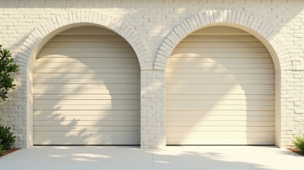 Cream-colored arched garage doors in a sun-drenched setting, offering a tranquil and serene architectural detail