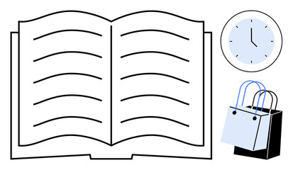 Open book, clock showing a time, two shopping bags. Ideal for education, time management, reading, shopping, scheduling literacy retail concepts. Clean design minimalist style abstract line flat