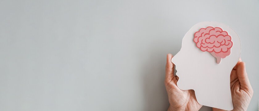 hands holding brain paper cutout, Epilepsy and Alzheimer awareness, seizure disorder, mental health concept.