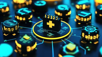 A futuristic interface featuring glowing icons, highlighting a central medical symbol, representing healthcare technology and connectivity.