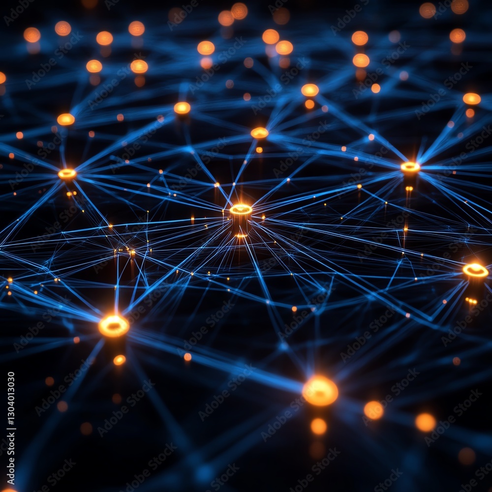 Poster Network nodes and connections illuminated, symbolizing automated threat detection in cybersecurity, futuristic digital concept, glowing connections, hightech visualization