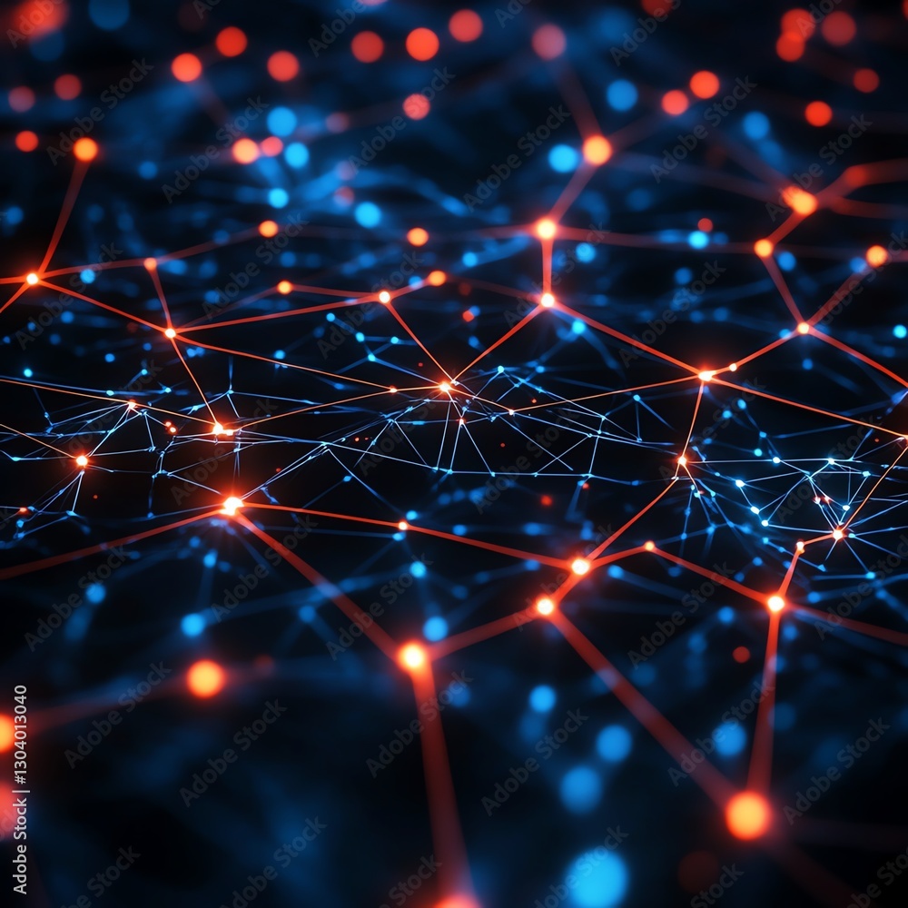 Poster Network nodes and connections illuminated, symbolizing automated threat detection in cybersecurity, futuristic digital concept, glowing connections, hightech visualization