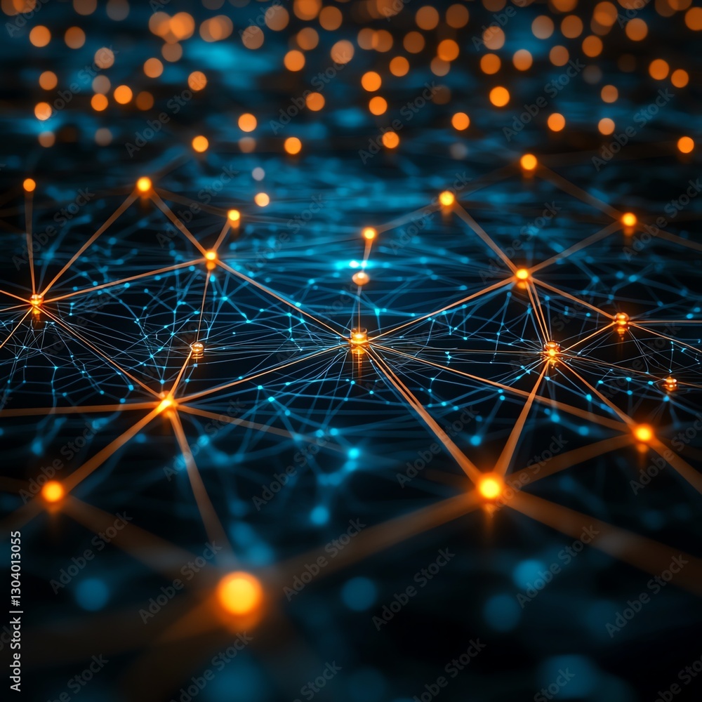 Poster Network nodes and connections illuminated, symbolizing automated threat detection in cybersecurity, futuristic digital concept, glowing connections, hightech visualization
