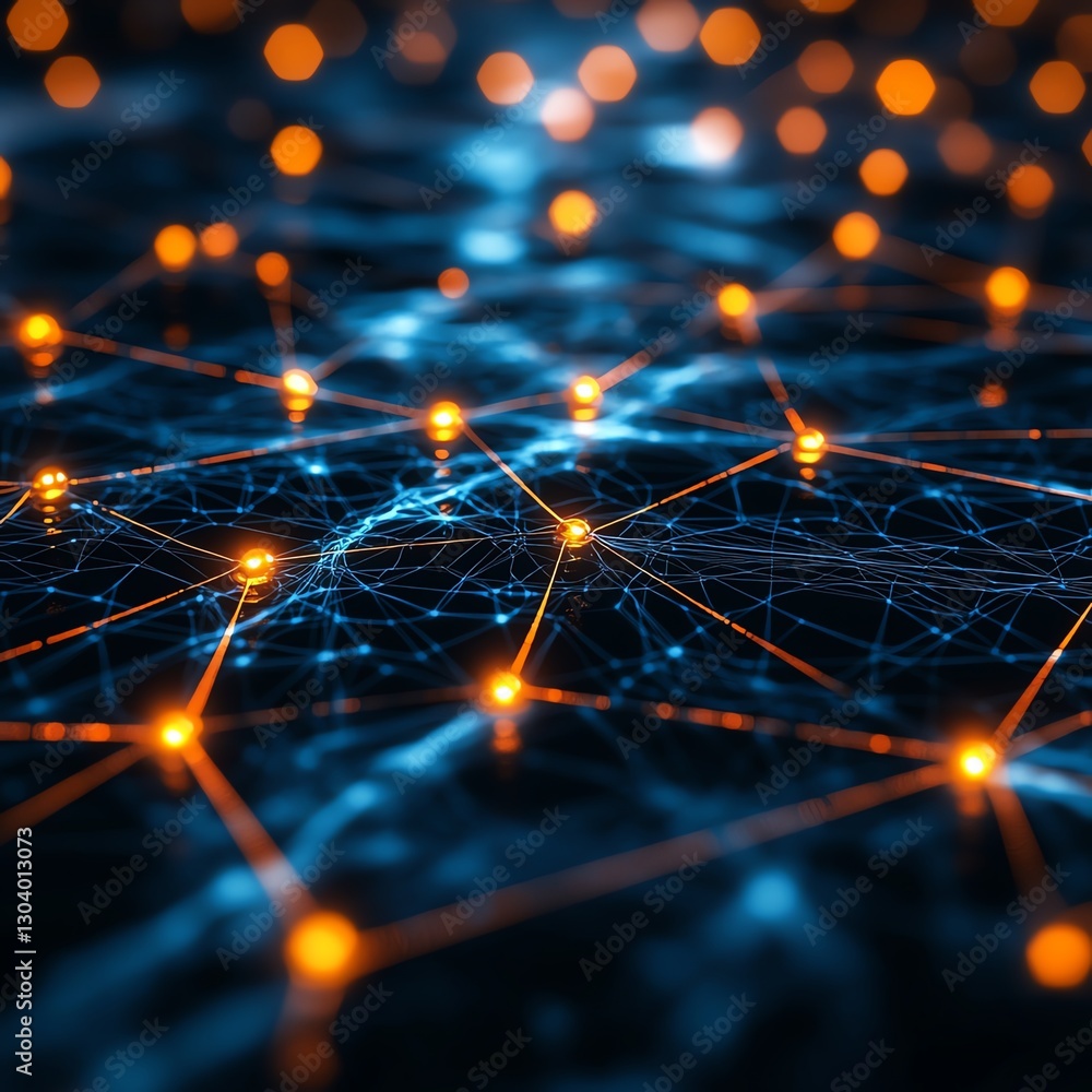 Poster Network nodes and connections illuminated, symbolizing automated threat detection in cybersecurity, futuristic digital concept, glowing connections, hightech visualization