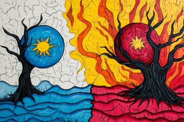 A vibrant digital painting showing two versions of Earth: one thriving, one suffering from extreme degradation