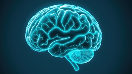 Human Brain Anatomy Illustration Glowing with Blue Light on Dark Background