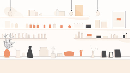 The image is a stylized illustration depicting the interior of a minimalist shop.  The scene shows multiple shelves filled with various cosmetic products and home goods in neutral colors,