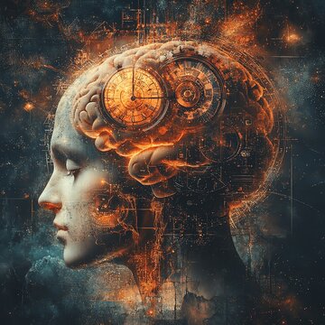 Time perception and cognitive science symbolized by a brain and clock merging, surreal imagery, intricate digital fusion, abstract visualization of thought and time