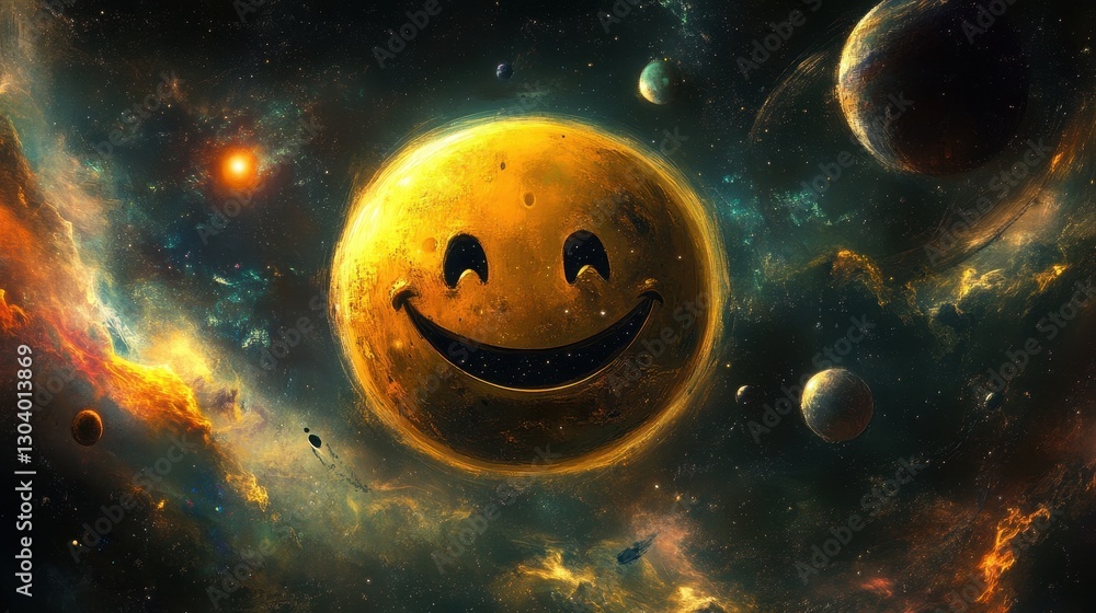 Poster a happy planet surrounded by stars and other celestial objects