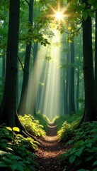 Sunbeams filtering through dense forest canopy, backdrop, vista, calm