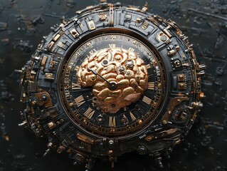 Obraz premium Brain and clock hybrid, symbolizing cognitive science and time perception, intricate digital art, surrealism, deep contrast of thought and time concepts