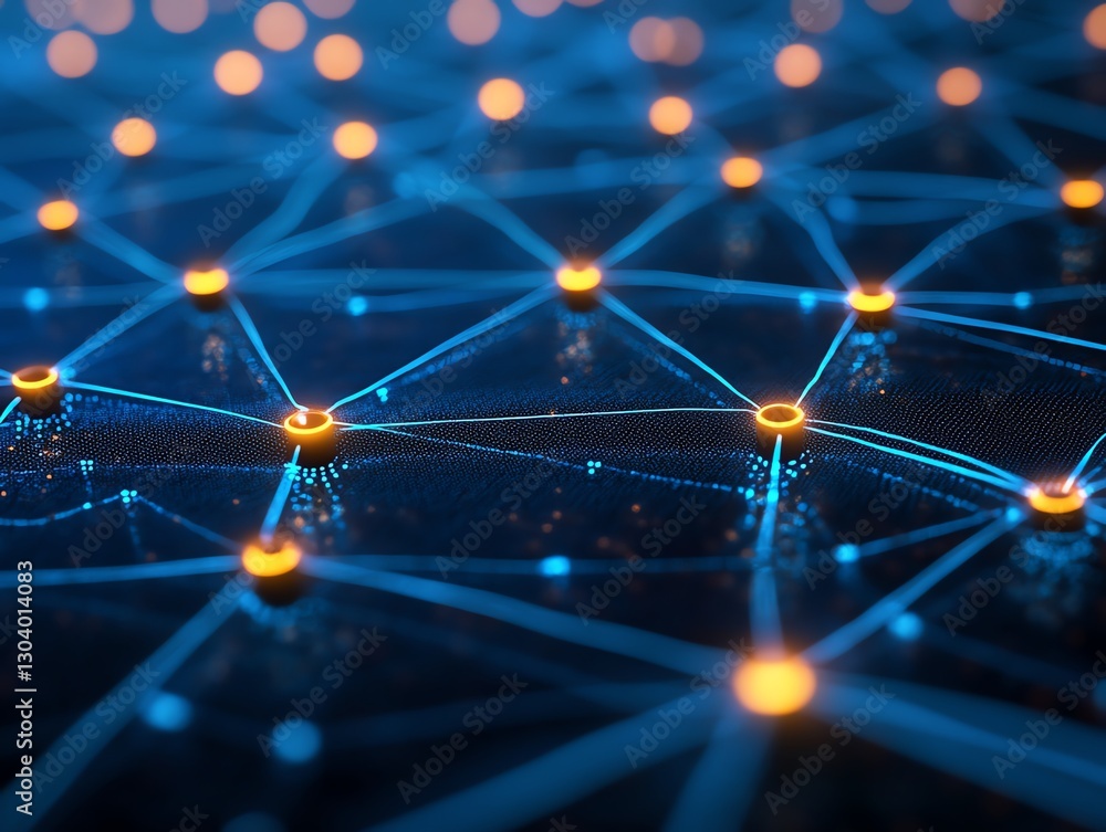 Poster Cybersecurity network nodes and connections, symbolizing realtime automated threat detection, hightech futuristic design, glowing digital security grid