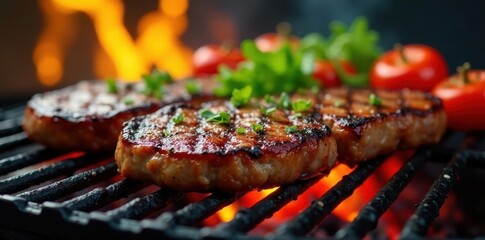 Succulent steaks, vibrant veggies on a fiery grill, fire, peppers