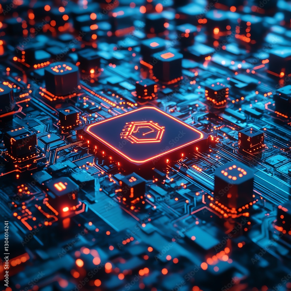 Aufkleber Futuristic network of glowing nodes, automated cybersecurity threat detection, digital defense system, hightech connected grid, cyber security visualization