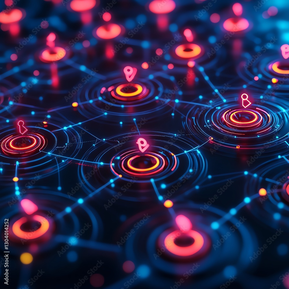 Aufkleber Futuristic network of glowing nodes, automated cybersecurity threat detection, digital defense system, hightech connected grid, cyber security visualization