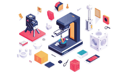 Obraz premium Isometric illustration depicting a 3D printer as the central element. The printer is surrounded by various tools and materials associated with 3D printing, including small boxes, what