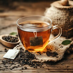 Fototapeta premium Glass cup of black tea, dry tea bags, scattered tea leaves on an old wooden table, selective focus, cozy and natural tea aesthetic
