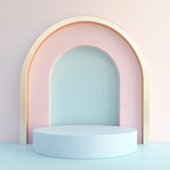 Elegant Podium Display: A minimalist studio setup, showcasing a sleek, light blue cylindrical podium against a pastel-colored backdrop, framed by a graceful arched design.