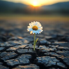 Daisy flower breaking through cracked soil, symbol of soul rebirth and eternal life, powerful nature symbolism, contrast between life and adversity