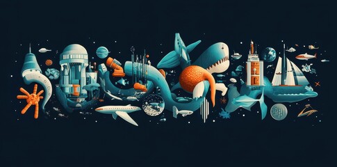 Naklejka premium An illustrative and whimsical composition of different things and creatures