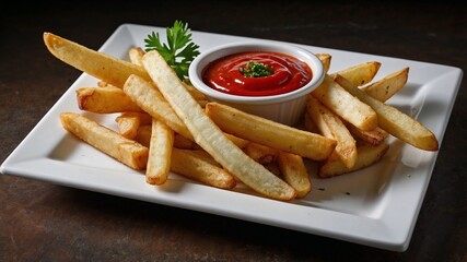 A plate of freshly baked crispy French fries and red ketchup whet your appetite. Generative AI.