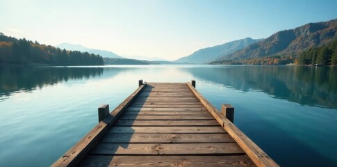 Fototapeta premium Rustic wooden pier extends over calm lake water, sunset, weathered, sunrise