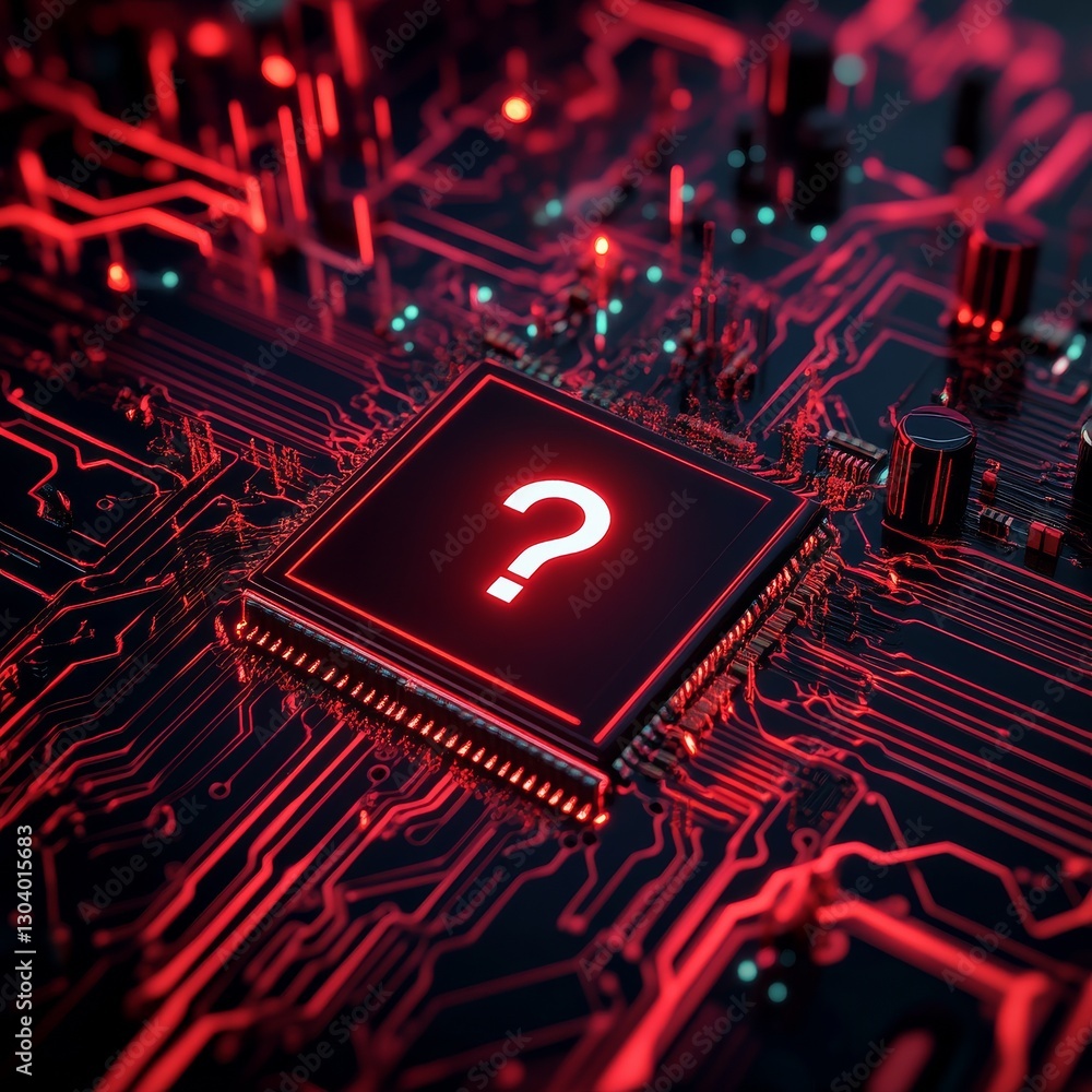 Poster red glow circuit board with question mark: unlocking the mysteries of technology and artificial inte