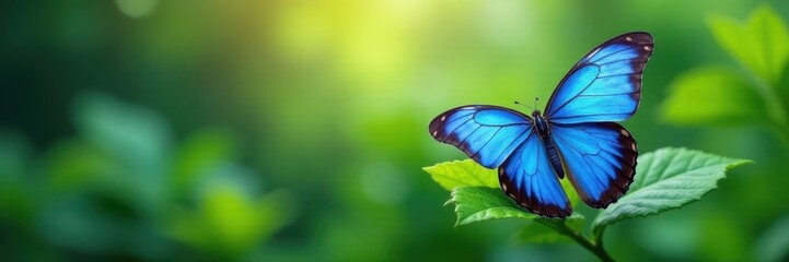 Panoramic view blue butterfly in natural setting, blue butterfly, butterfly habitat, wildlife