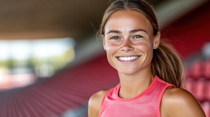 Smiling Young Woman in Athletic Gear at Sports Stadium Setting