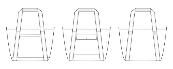 Set of Tote Bag Technical Fashion Illustration. shoulder bag  Vector Template. Front and Back View. Structured Handles. Front Patch Pocket. Women’s Fashion Accessory. CAD Mockup set.