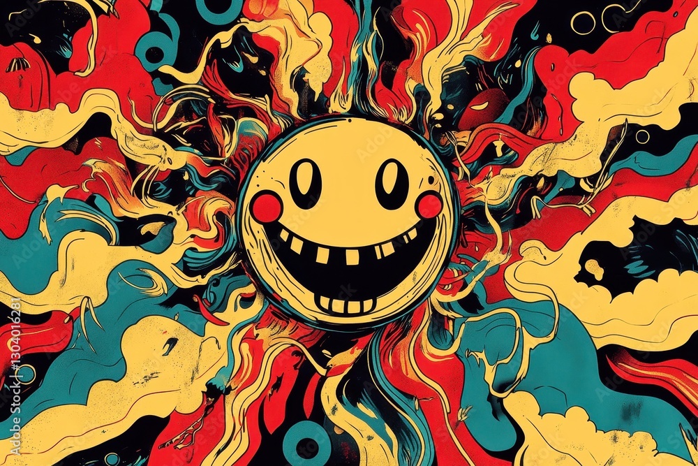 Poster a cheerful smiling face surrounded by swirling colorful patterns