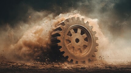 A large gear embedded in swirling dust and debris.