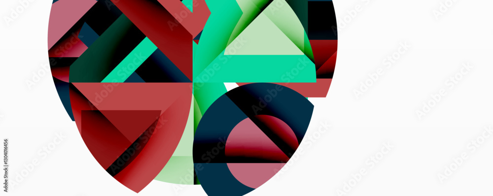 Poster Abstract geometric composition with interlocking circular and angular shapes, featuring smooth gradients and sharp contrasts on a white background