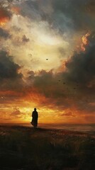 A lone figure contemplates a beautiful sunset over the landscape