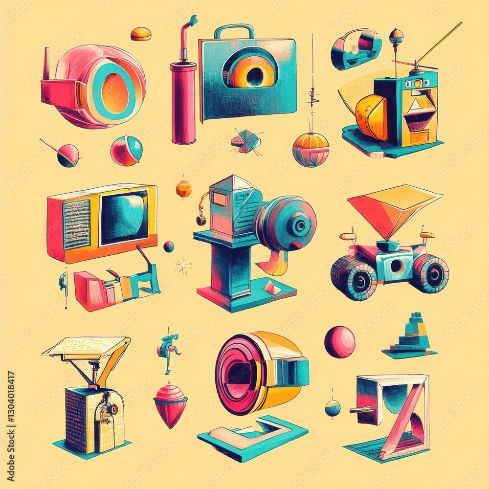 Poster colorful stylized illustrations of different objects and mechanical contraptions