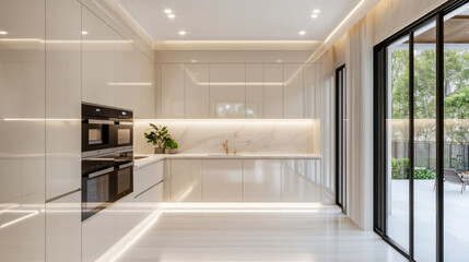 stylish small kitchen featuring floor to ceiling white cabinets, modern appliances, and elegant lighting, creating bright and inviting atmosphere