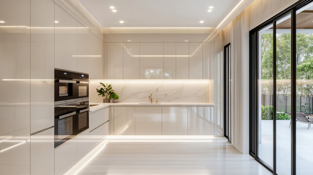 stylish small kitchen featuring floor to ceiling white cabinets, modern appliances, and elegant lighting, creating bright and inviting atmosphere