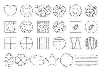 俯瞰で見たハートやリフーなどのクッキーのイラストのセット_線画
