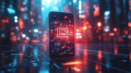 Holographic UI animation of a QR code scanner, futuristic smartphone with AI-powered lens