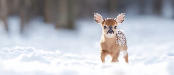Fawn in snowy woods, winter scene