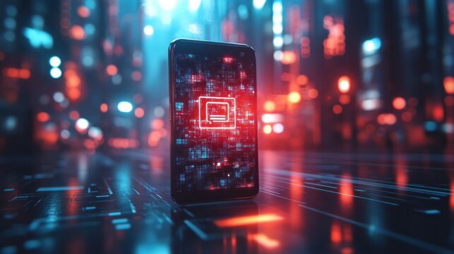 Holographic UI animation of a QR code scanner, futuristic smartphone with AI-powered lens