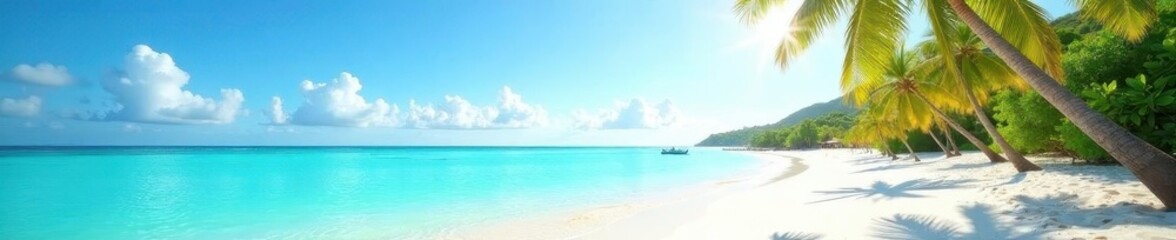 Fototapeta premium Sun-drenched beach with turquoise water and palm trees , holiday, sunshine