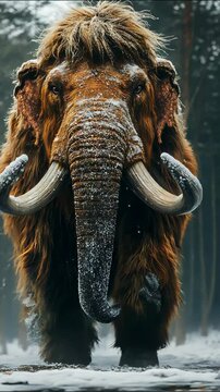 Woolly mammoth isolated on winter background. Front view of extinct prehistoric mammal.