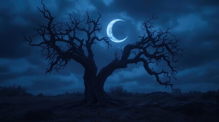 A gnarled tree silhouetted against a dark, cloudy sky, illuminated by a crescent moon, creating a mysterious, atmospheric scene.
