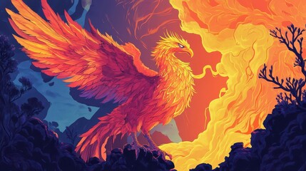 A large bird of fire spreads its wings on the rocks