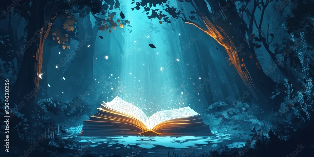 Poster an open book illuminated by light beams in a forest setting