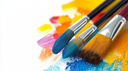 Fototapeta premium Array of paintbrushes on white canvas, tools for artistic expression and creation