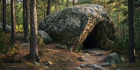 Fototapeta premium A massive boulder with a hidden cave entrance at its base