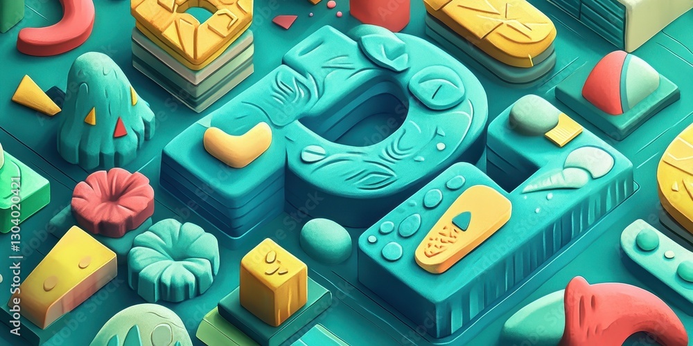 Poster abstract colorful shapes and figures arranged on a turquoise surface